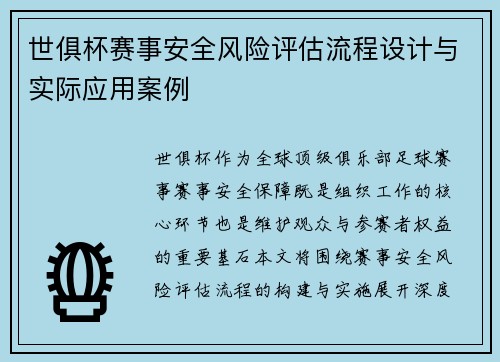 世俱杯赛事安全风险评估流程设计与实际应用案例