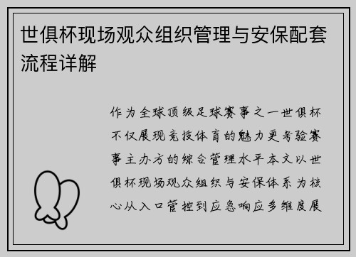 世俱杯现场观众组织管理与安保配套流程详解