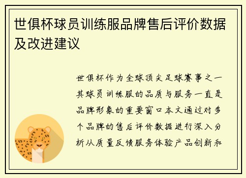 世俱杯球员训练服品牌售后评价数据及改进建议